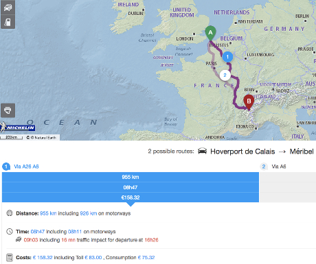 Driving map from Calais to Meribel